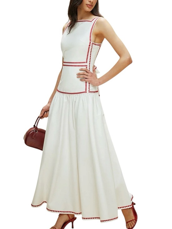Commense Dresses & Skirts - Commense White Red Heart Embroidered Trim Cotton Maxi Dress Medium NWT Tie Back